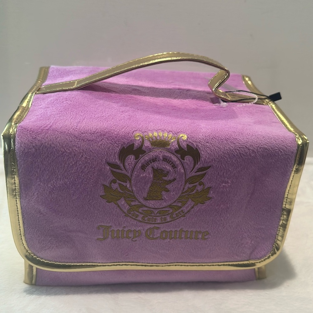 NWT Juicy Couture Purple four section gold trimmed Cosmetic bag w/travel bottle.